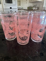 “Vintage Federal Glass Pink Colonial Courting Scene Tumblers – Set of 5¼ Glasses