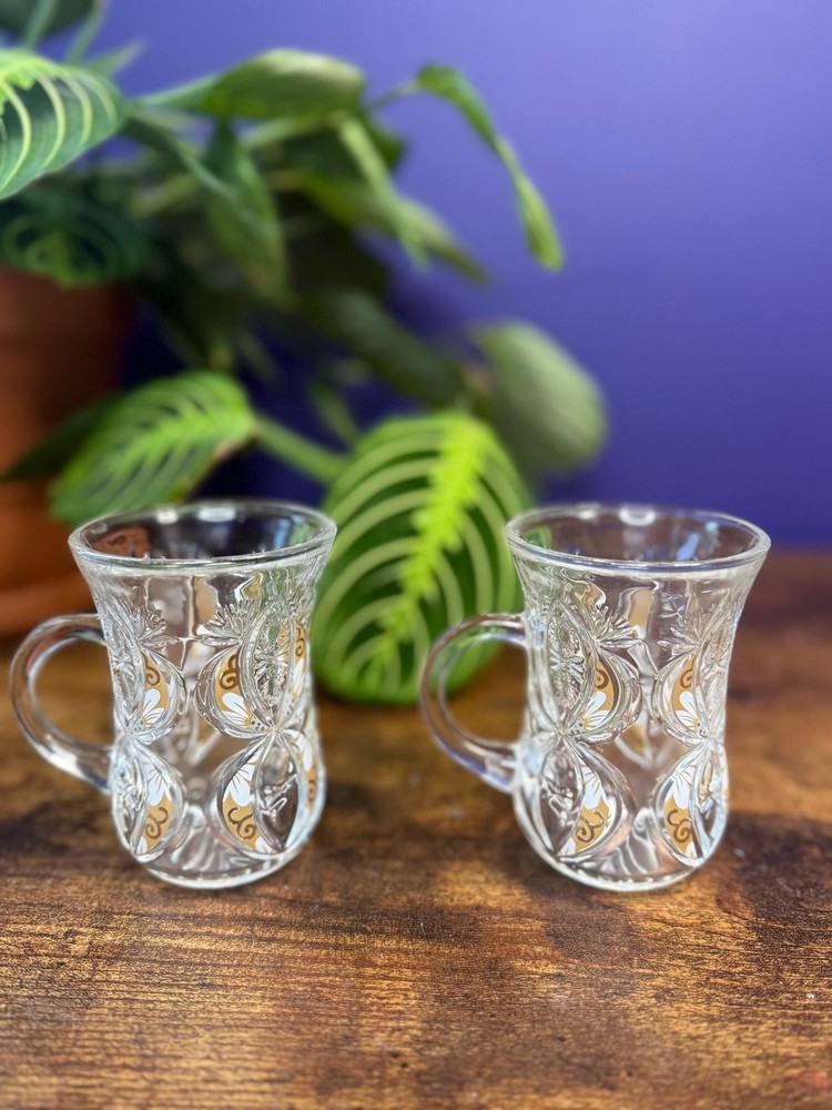 Pair of Vintage Gold and White Floral Bohemian Turkish Tea Glasses