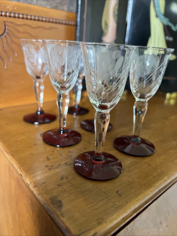 Ruby Red Clear Etched Floral And Leaf Design Vintage Cordial Glasses Set Of 6