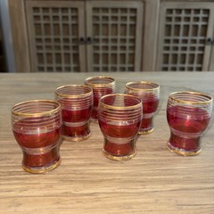 Vintage Set of 6 Cordial Liqueur Glasses 2.5 Inch Cranberry Pink Gold Gilt