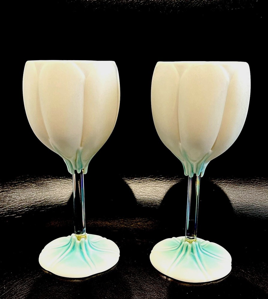 2 Newman Ceramic Works Tulip Wine Goblets Glasses Cream and Green Signed.
