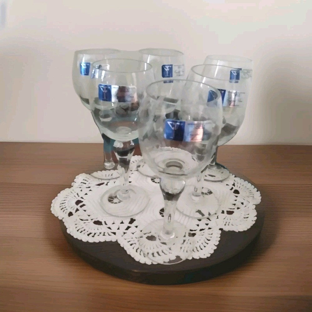 Set Of 6 New Crystal Clear Romania Romanian Etched Floral Wine Cordial Glasses