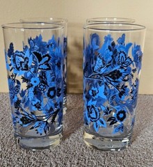 Set 4 Royal Norfolk 16 Oz Glass Tumblers Blue Floral Pattern Water Juice Ice Tea