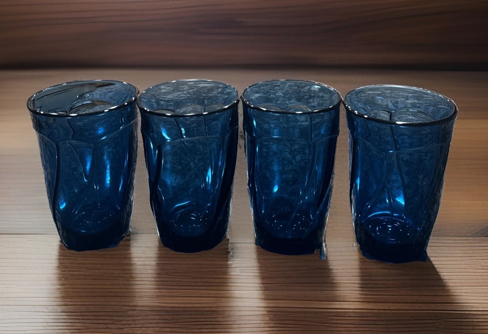 Set Of 4 Vintage Noritake Sweet Swirl Cobalt Blue Midnight Highball Glasses