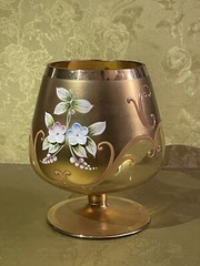 Bohemian Glass Brandy Snifter Hand Painted Enameled Flowers Gilt Gold