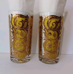 MCM Highball Glasses Gold Over Yellow Swirls Flowers On Clear Glass 5.5in Pair 2