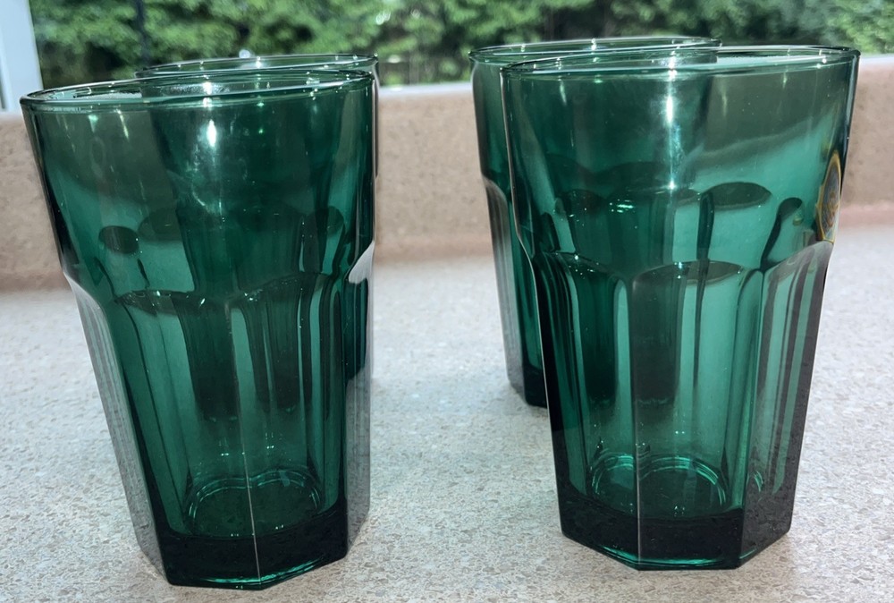 H536~ 4 Libbey Duratuff USA 8 Panel Emerald Green Tumblers 12 Oz. 5.25″ T ~NEW