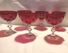 Vintage Duncan Miller Ruby Red Coupe Sherbet Glasses W/ Clear Wafer Stems 6/Set