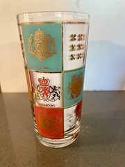MCM Fred Press Highball Glasses Coat of Arms, Turquoise, Pink and Gold, Set of 2