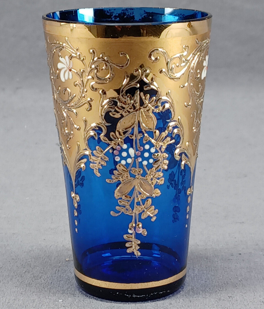 Bohemian Moser Type Hand Enameled Floral & Gold Scrollwork Cobalt Juice Glass B