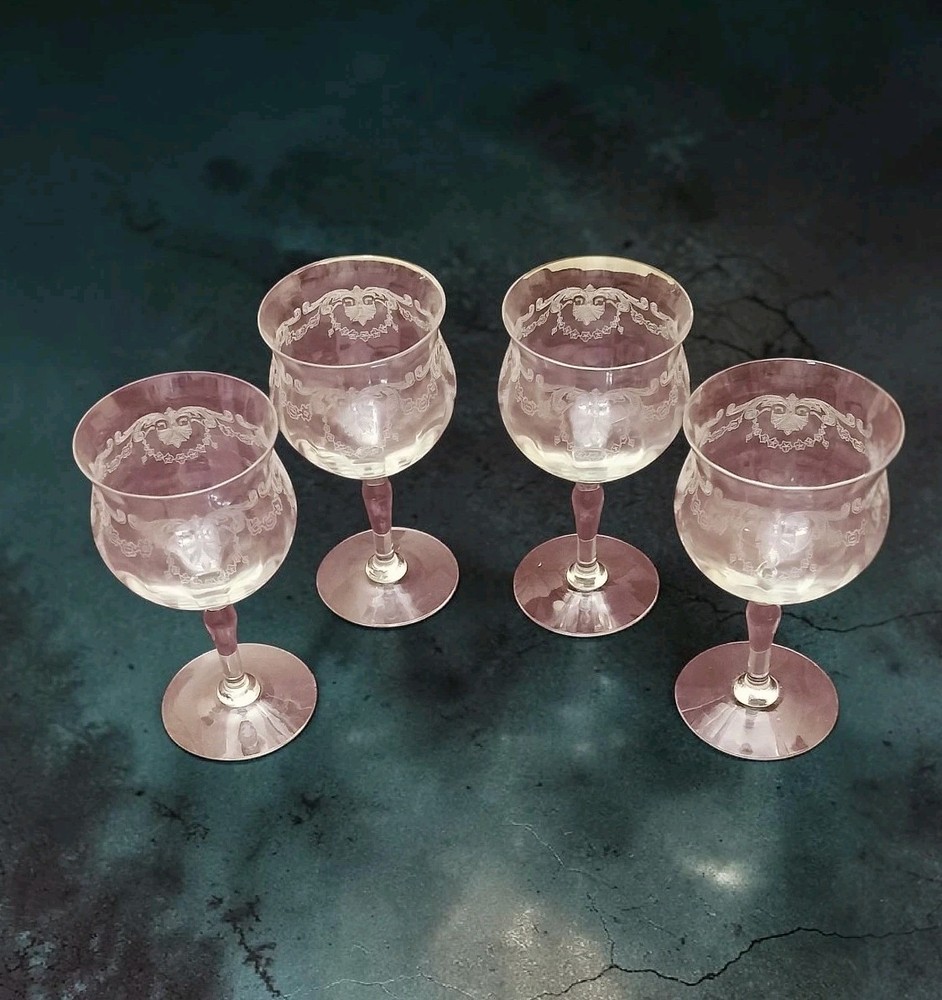 FRY ETCHED DE107 4 WATER GOBLETS 6 1/2″ TALL Etched