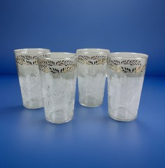 Vintage Mid Century Modern Floral Vine Design Glass Tumblers Gold White Set Of 4