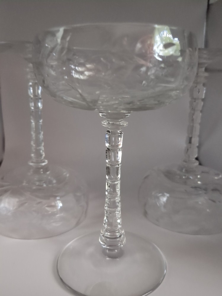 Vintage ROCK SHARPE Etched Crystal Glasses Champagne Liquor Cocktail 5.25” (3)