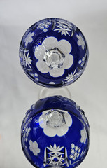 Vintage Pair Cobalt Blue Cut to Clear Crystal Wine Goblets Faceted Stem 8.25”