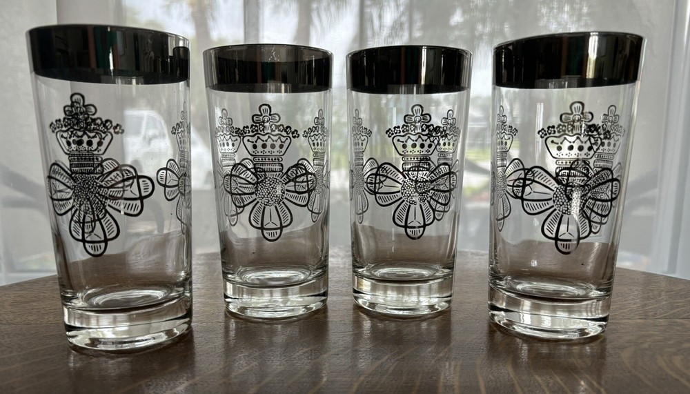 Vtg 4 Royal Queen’s Silver Lusterware Dorothy Thorpe MCM Cocktail HiBall Glasses