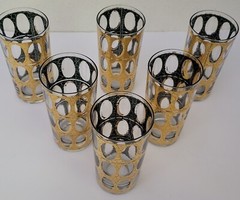 MCM Gold & Green Crackle Glass High Ball Glasses Culver ? Piza?