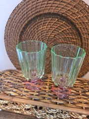 Set of 2 Decorative Green and Pink Footed Glass Tumblers