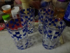 pair of drinking glasses with blue and white squares MCM