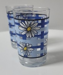 Daisy Blue Plaid Juice Glass Indonesia Vintage Mid Century Set of 2