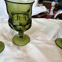 Indiana Glass King’s Crown Thumbprint Avocado Green Goblet. VTG MCM Set of 2