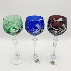 Vintage Lausitzer Cut To Clear Cased Glass Crystal Wine Hock Glasses Grapes x6