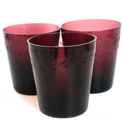 Vtg Set of 3 Amethyst Glass 6oz Tumblers Hand Cut Leaf Border Whiskey Glass EUC