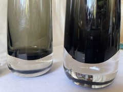 4 VINTAGE MCM 1960’S KAJ FRANCK FINNISH DESIGN HEAVY TALL GLASSES, SMOKEY GREEN