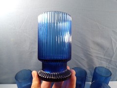 Set of 8 Imperial Glass Linear Blue Footed Tumblers Ribbed Design 5″ Tall
