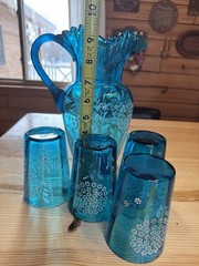 Antique Victorian Era Blue Glass Painted Floral Juice/Lemonade Set 4 Glasses