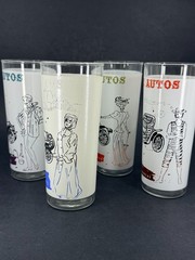 Set of 4 Anchor Hocking Antique Car Autos Frosted Glass Tumblers Vintage