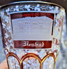 Czech Ruby Stained Glass Spa Beaker Floral Etch Teplitz Various Spa Locations