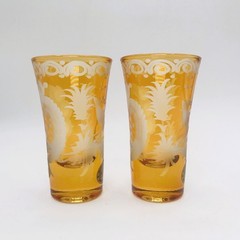 2 NEW Bohemian Mirror Amber Cut To Clear Crystal Cordial Shot Glasses SHIPS FREE