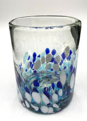 2 Handblown Glass Confetti Tumblers, Blue/Aqua/White/Brass Frit, Heavy, Mexico