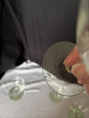 4 Clear Etched Optic Bowl & Green Uranium Foot Low Champagne Sherbet Glasses