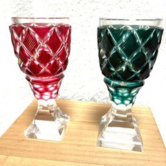 Unused Restored Satsuma Kiriko Red Green Footed Cup Pair Japan