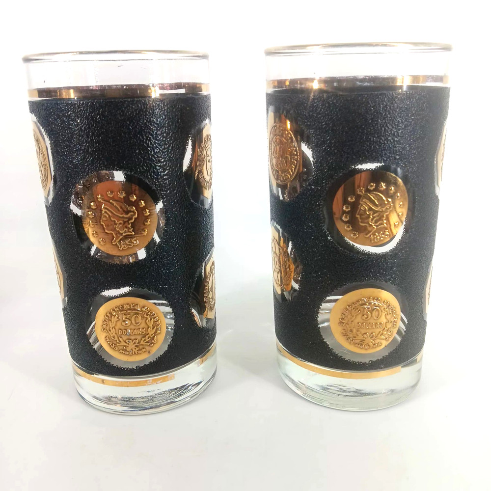 Vintage Cocktail Bar Drinking Glasses w/ Coin design Black & Gold US Coins MCM 2