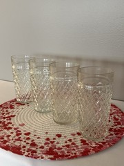 4 Vintage Quilted Diamond Ice Tea Tumblers, Anchor Hocking 6” Jelly Jar Glasses