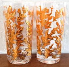 2 Vintage Mid-Century CULVER 22k Gold Blue Acorn Oak Leaf Highball Glasses 12oz