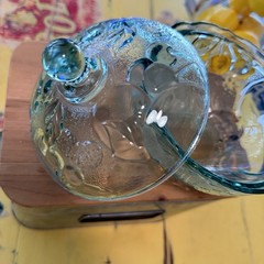 Vintage Aqua Pressed Glass Candy Dish w Lid Floral Mid Century Bowl USA