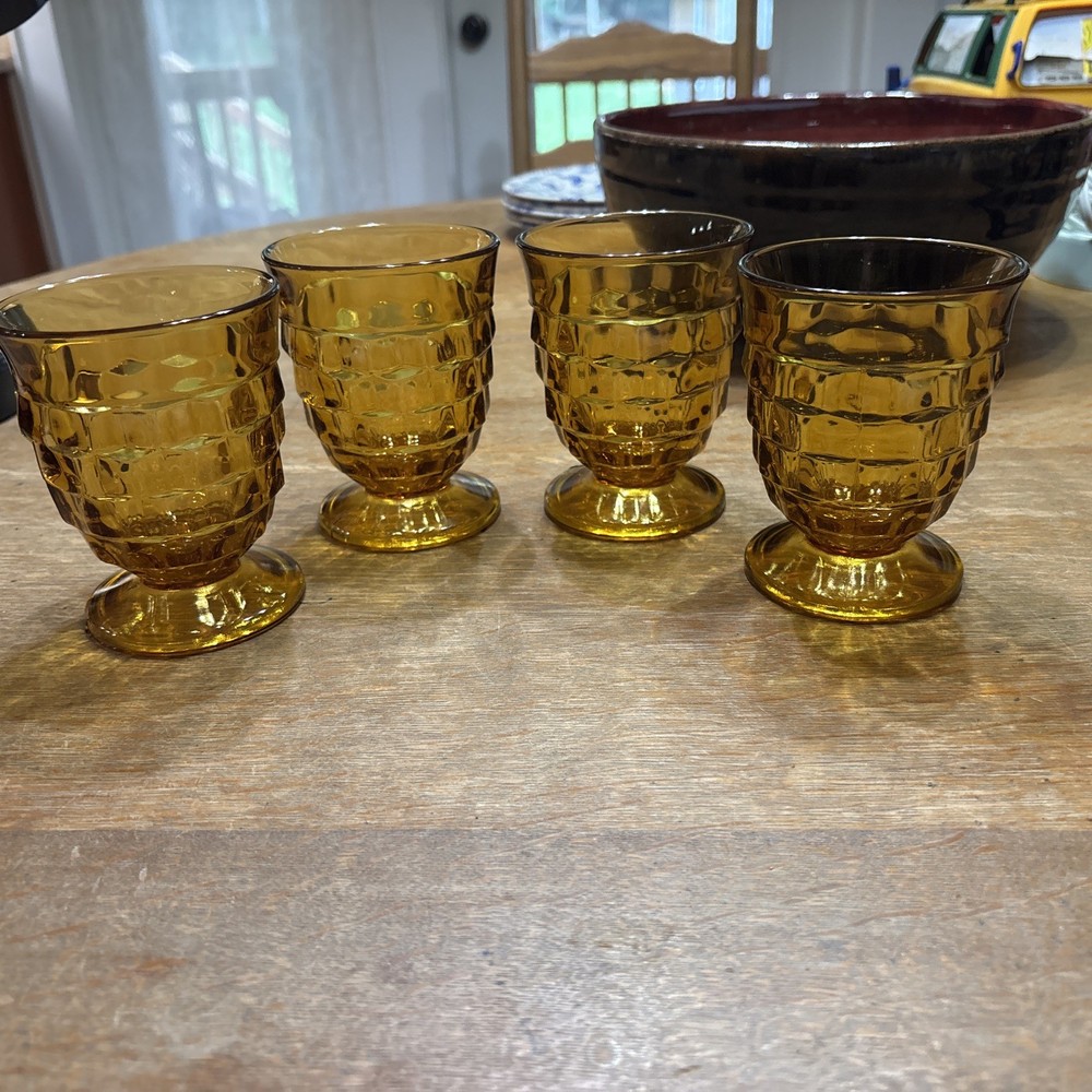 Vtg Indiana Glass Whitehall Colony Cubist Footed Amber Juice Glasses Set Of 4