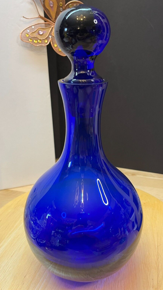 Vintage Hortensja Poland Cobalt Blue Blown Glass Decanter – 11″