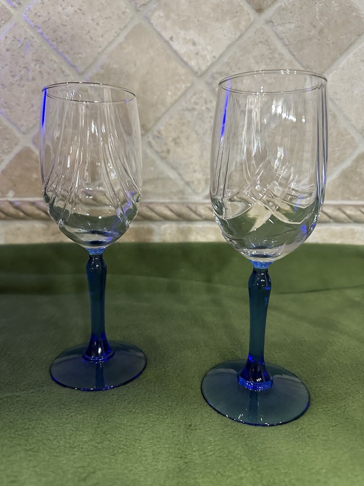 Lenox Cobalt Blue Stem Wine Glasses Goblets 8” Swag Drape Gold Rim 8 oz set of 2