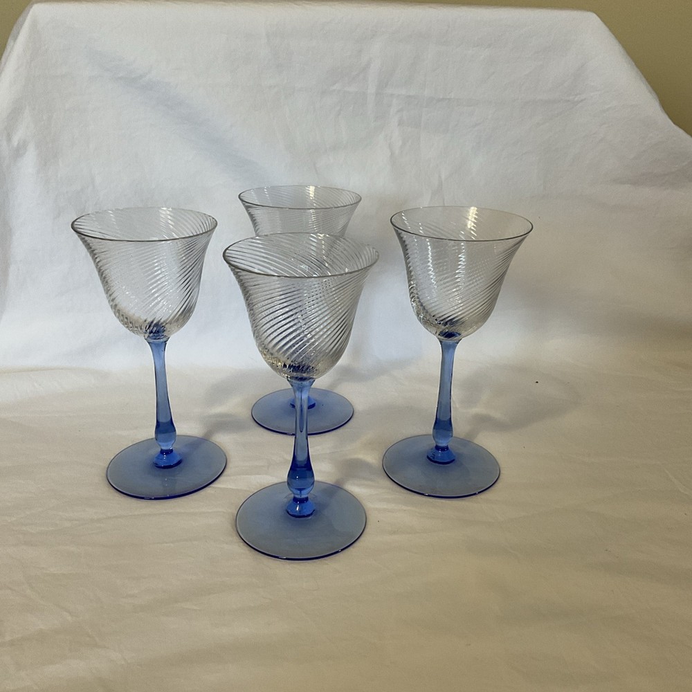 Set Of 4 Vintage HC Fry Optic Spiral Blue Stemmed Small Wine/Cocktail Glasses 6”