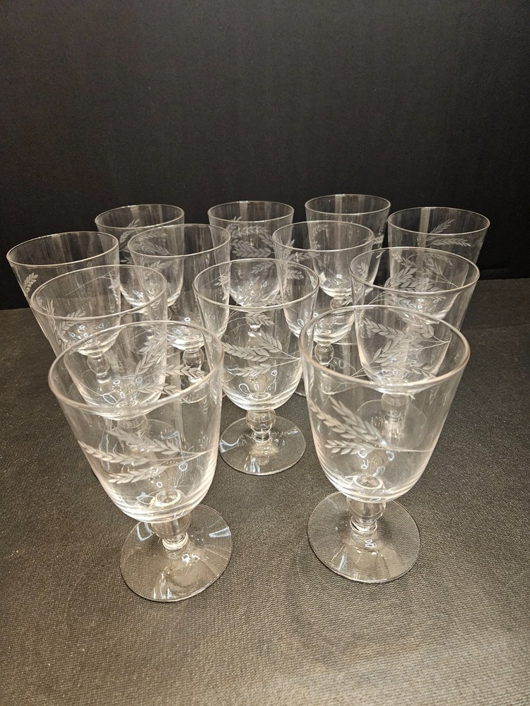 12-Vintage Etched Viking «Sheaf of Wheat» Water Glasses (664)