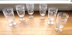 Set of 6 Juice Glasses-Buttercup Etching Pattern-Fostoria Glass-1942-1959-4 3/4″