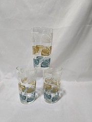 VNTG Mid-Century Modern Set 3 Clear Glass Tumblers Gold Teal Blue White Leaf