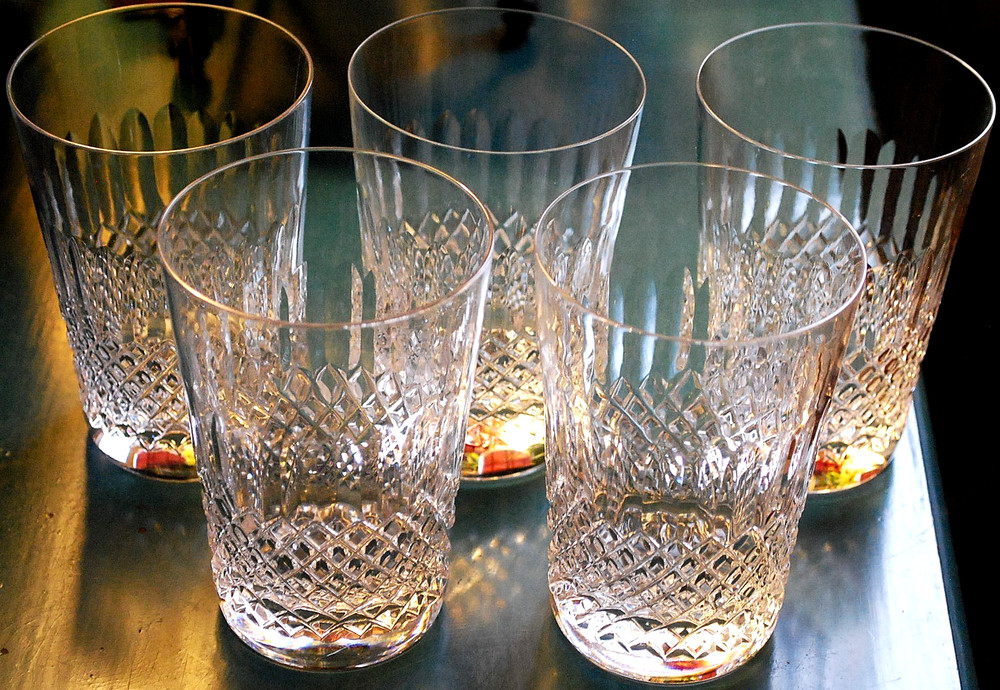 Vtg Set 5 DOUBLE OLD FASHIONED Hand Blown CLEAR CRYSTAL Glasses Xs & Oval Cuts