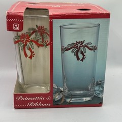 Vtg Set Of 4 poinsettia & Ribbons Tumblers/Ice Tea Glasses Anchor Hocking 16 Oz