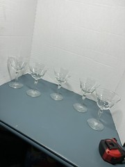 Vintage Clear Cherry Wine Glass 6” Etched Leaf Pattern Beveled Stem Set Of 6