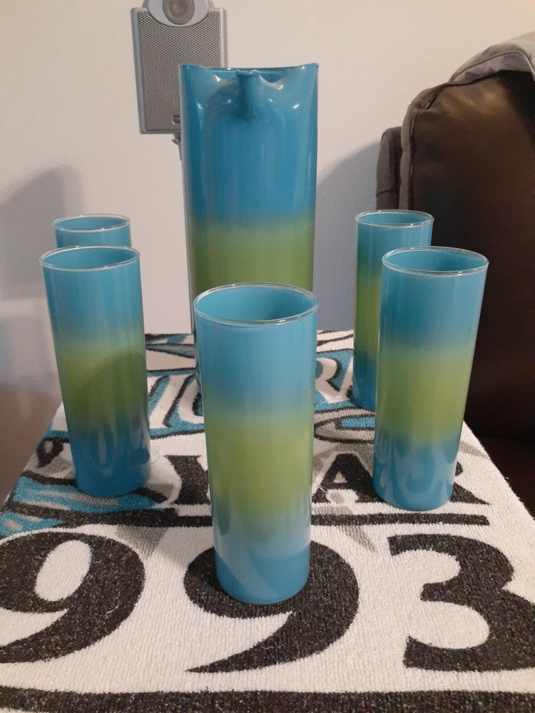RARE Vintage 60′ MCM GREEN & BLUE Frosted Blendo Pitcher and Glass Set Ombré